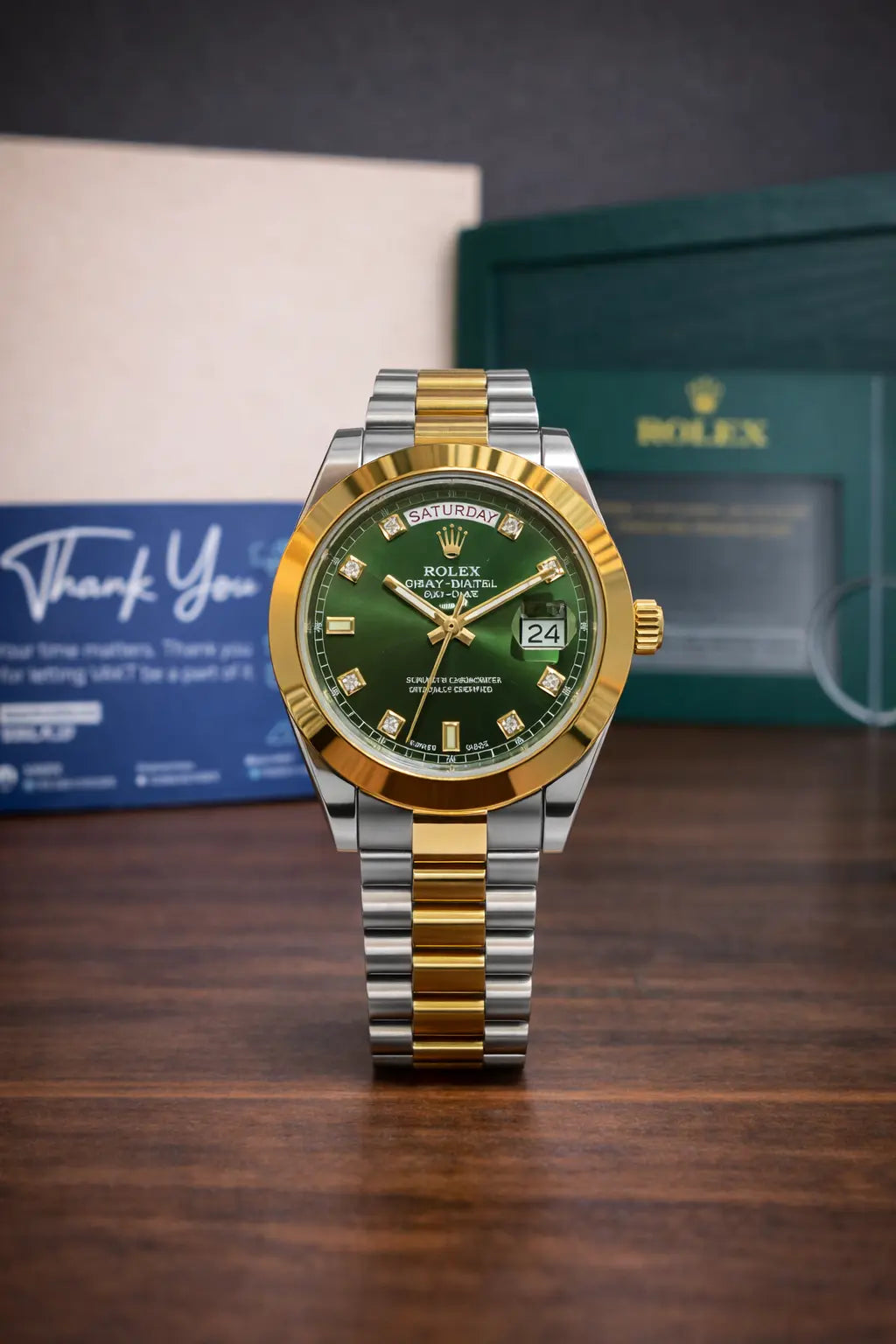 Rolex Oyster Perpetual Day-Date Watch – Green Dial | Two-Tone Gold & Silver