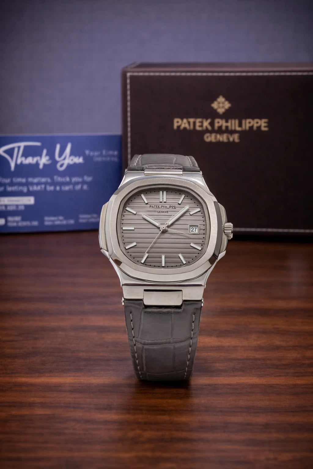 Patek Philippe Nautilus Leather Grey and Silver (Buckle lock)