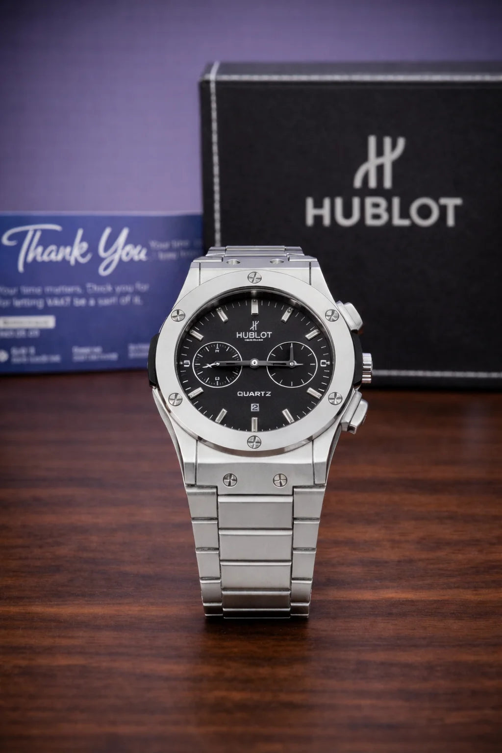 Hublot Classic Fusion Chronograph Silver Steel Bracelet — Black Dial