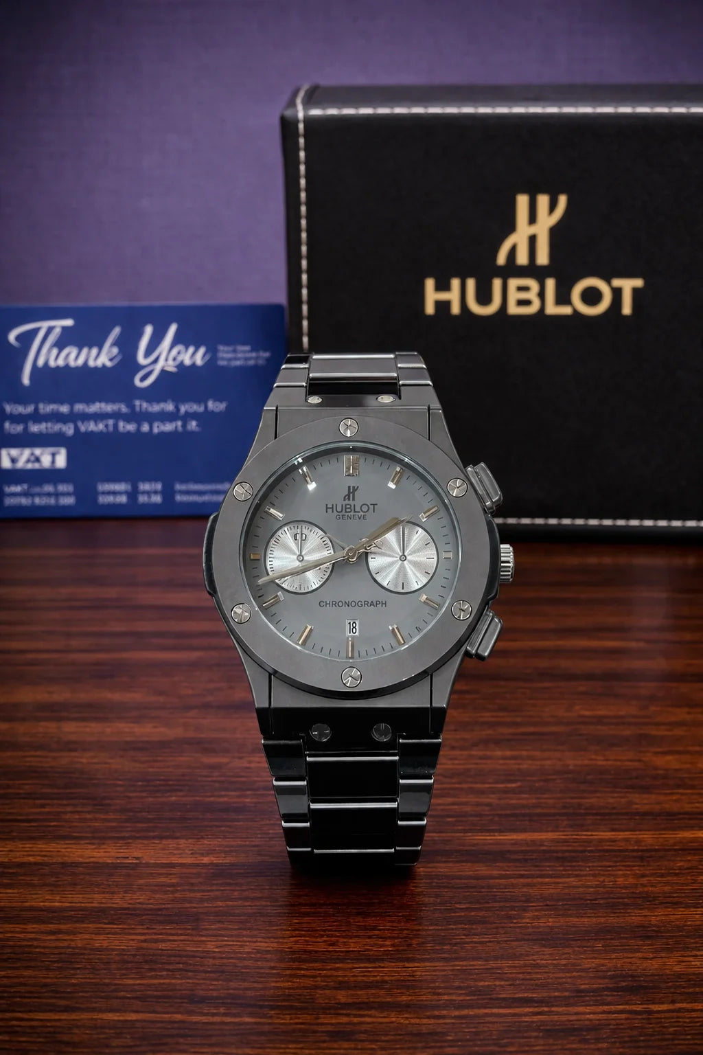 Hublot Black Chronograph Watch – Dual Subdials, Steel Bracelet