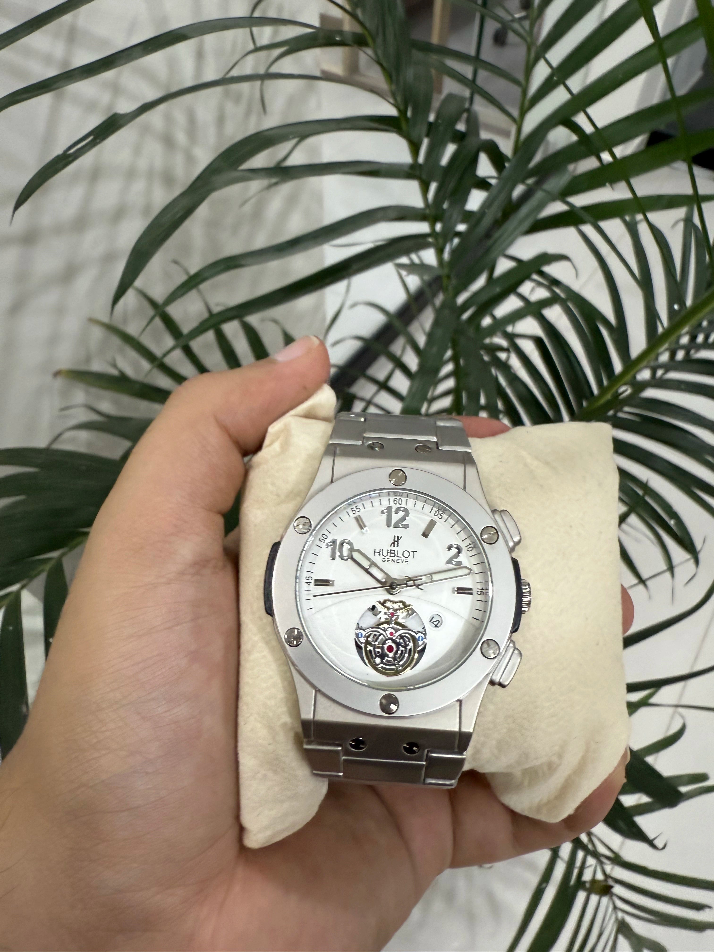 Hand holding a silver Hublot Big Bang Evolution Automatic Chronograph watch with a white face against a green leafy background
